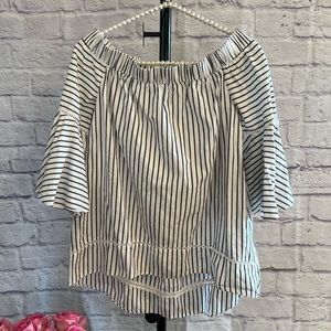 Chelsea28 Off the Shoulder High-Low Striped Top with Frilly Flowy Sleeves - XS